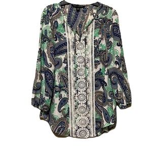 ZAC & RACHEL, Bishop Sleeves, Tie Up Neckline, Crochet Trim Top, Multi Colors, S